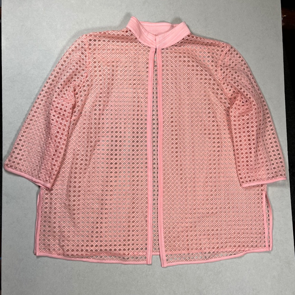 Ming Wang Eyelet Mesh‎ Jacket Women 1X Pink Cane Weave Mock Neck Lace Blazer